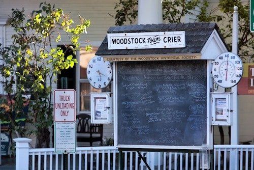 Town crier board, located in the center of town near the stores and restaurants in July