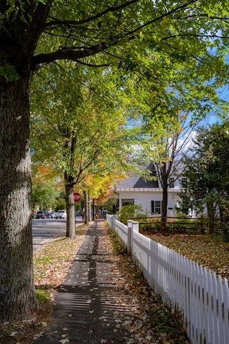 A charming street in the center of the town of Woodstock, Vermont