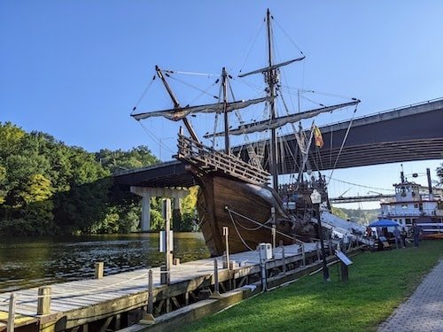 A recreated Spanish galleon, paused at the Hudson River Maritime Museum on its way up the Hudson River to Albany