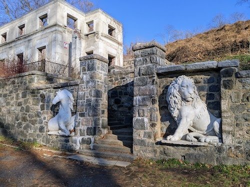 Horse and lion statues at the entrance to the Untermeyer Gardens along the scenic Old Croton Trail in Yonkers NY