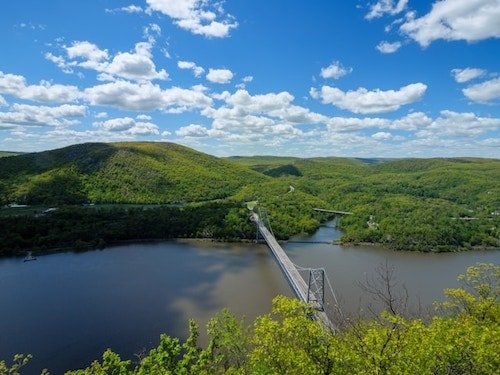 View of the Bear Mountain Bridge over the Hudson River from the top of Anthony's Nose, in Cortlandt, NY