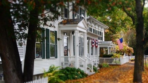 Historic homes along the main drag of Woodstock, Vermont