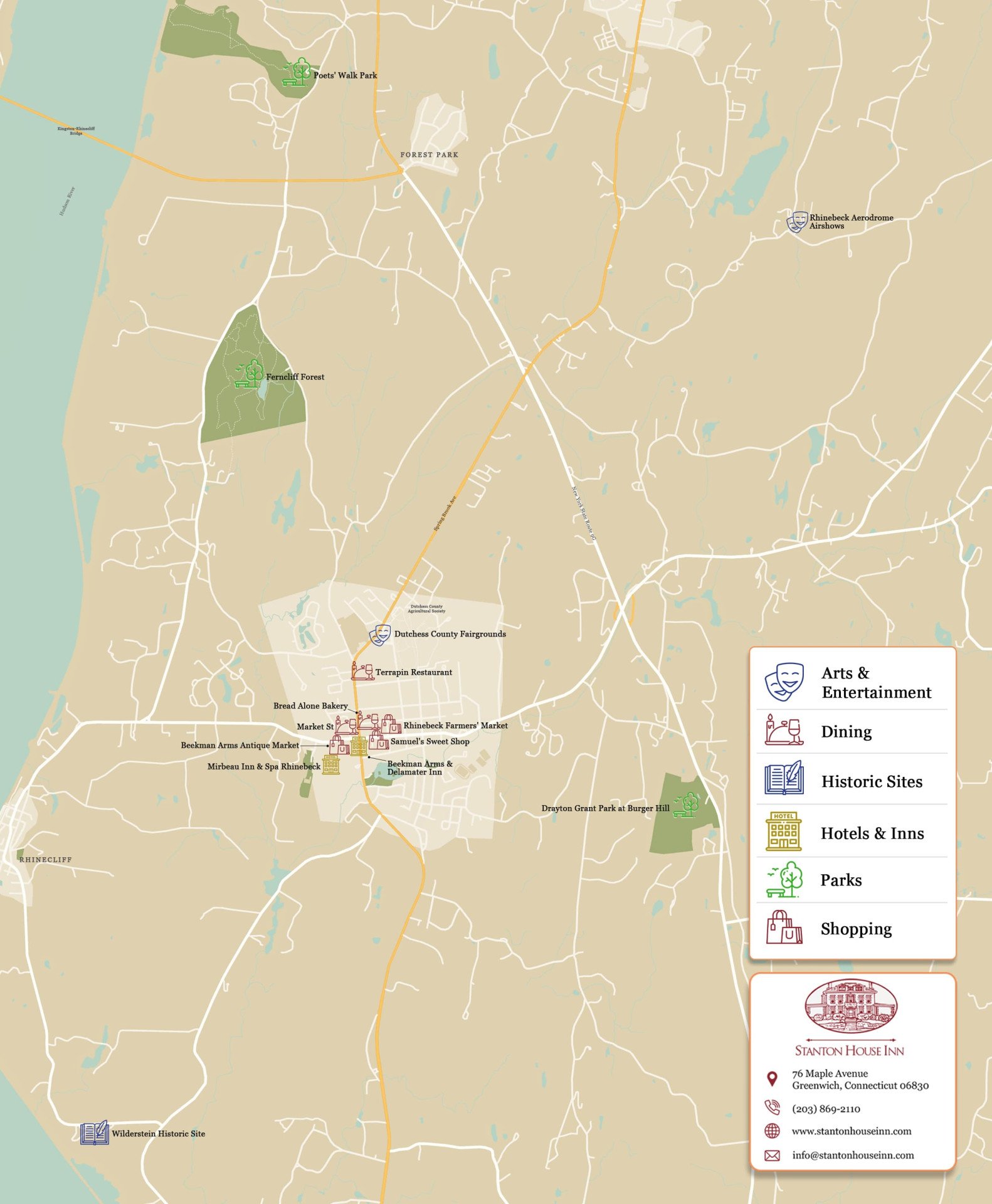 Map of attractions, activities, and things to do in Rhinebeck, NY