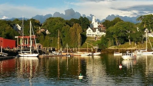 Historic buildings line the harbor of Camden, Maine
