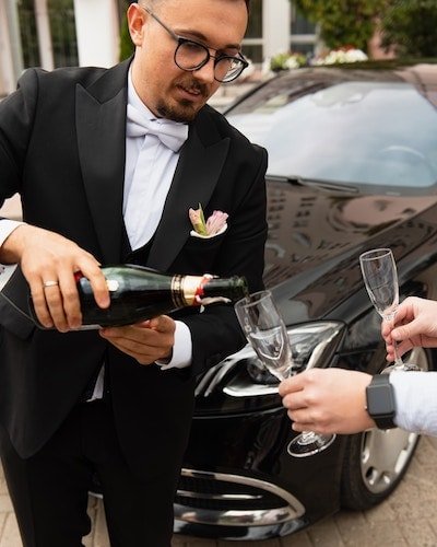 Grateful friend photographed enjoying a glass of champagne at the start of their new life together