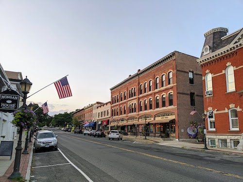 The main line of buildings in downtown Lee, MA