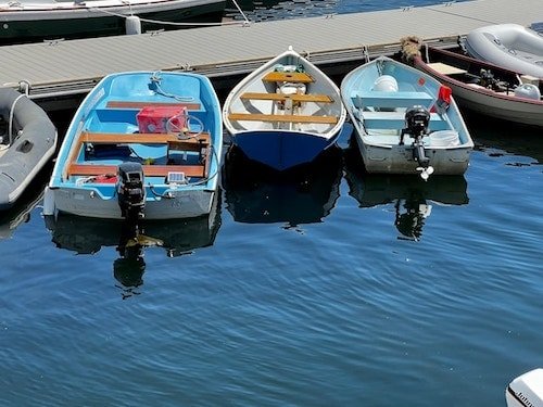 Boats moored in Camden harbor in Camden, Maine