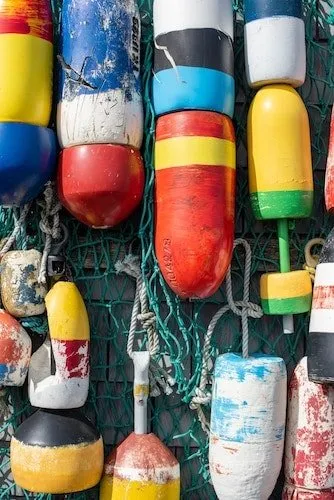 Colorful buoys for lobster traps in Rockport, MA