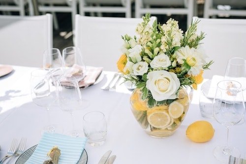 A brunch event with fresh fruit, serving as wedding receptions, works for a large wedding party, as well as a small one
