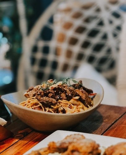 A big bowl of noodles, plus outdoor dining, makes for a special evening