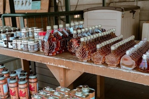 Maple syrup products for sale at Mount Snow, near the Canadian border