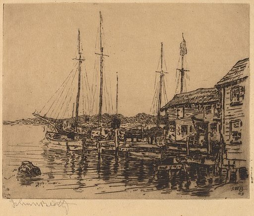 Fishing Boats Along Quay, Noank, Connecticut; 1909 etching on Japanese paper by John Wesley Beatty