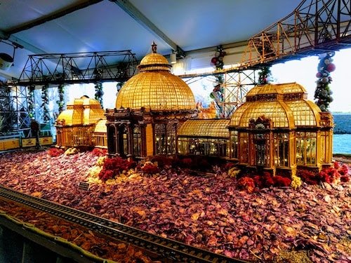 Colorful model trains at the Holiday Train Show