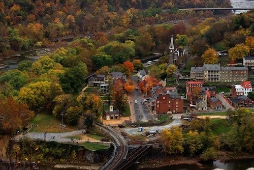 Looking down on Harpers Ferry, West Virginia, one of the best weekend getaway destinations from DC; from the surrounding mountains