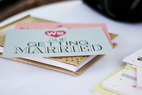 A wedding invitation, ready to go into the mail