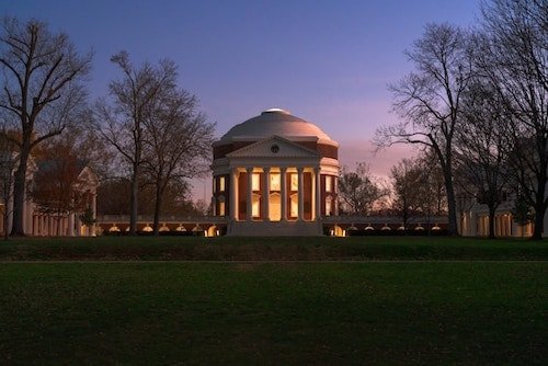 The UVA campus at dusk, one of the best weekend getaways from Washington, D.C.