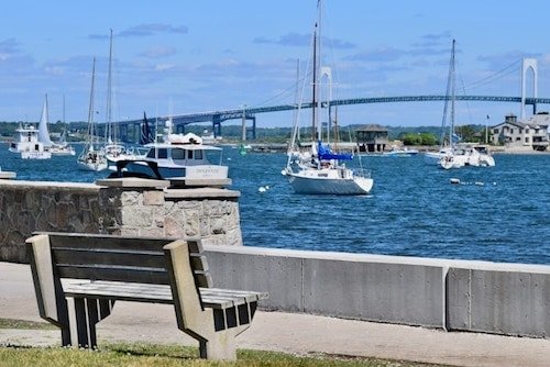 Bench facing the bridges leading to Aquidneck Island