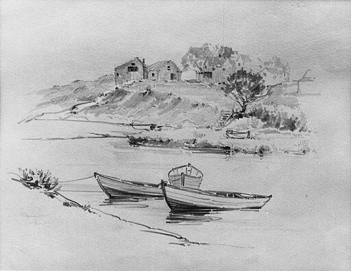 1915 charcoal drawing of row boats in Ogunquit by James Parton Haney