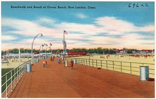 Circa 1930-1945 postcard of the Boardwalk and Beach at Ocean Beach Park