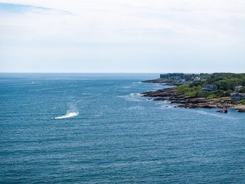 Aerial view of Perkins Cove and the Southern Maine coast on the Atlantic Ocean in Ogunquit