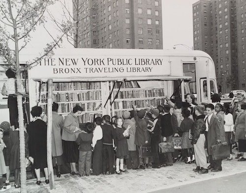 1950s shot of the Bronx Bookmobile as it traveled from Midtown Manhattan and the Empire State Building to City Island and beyond