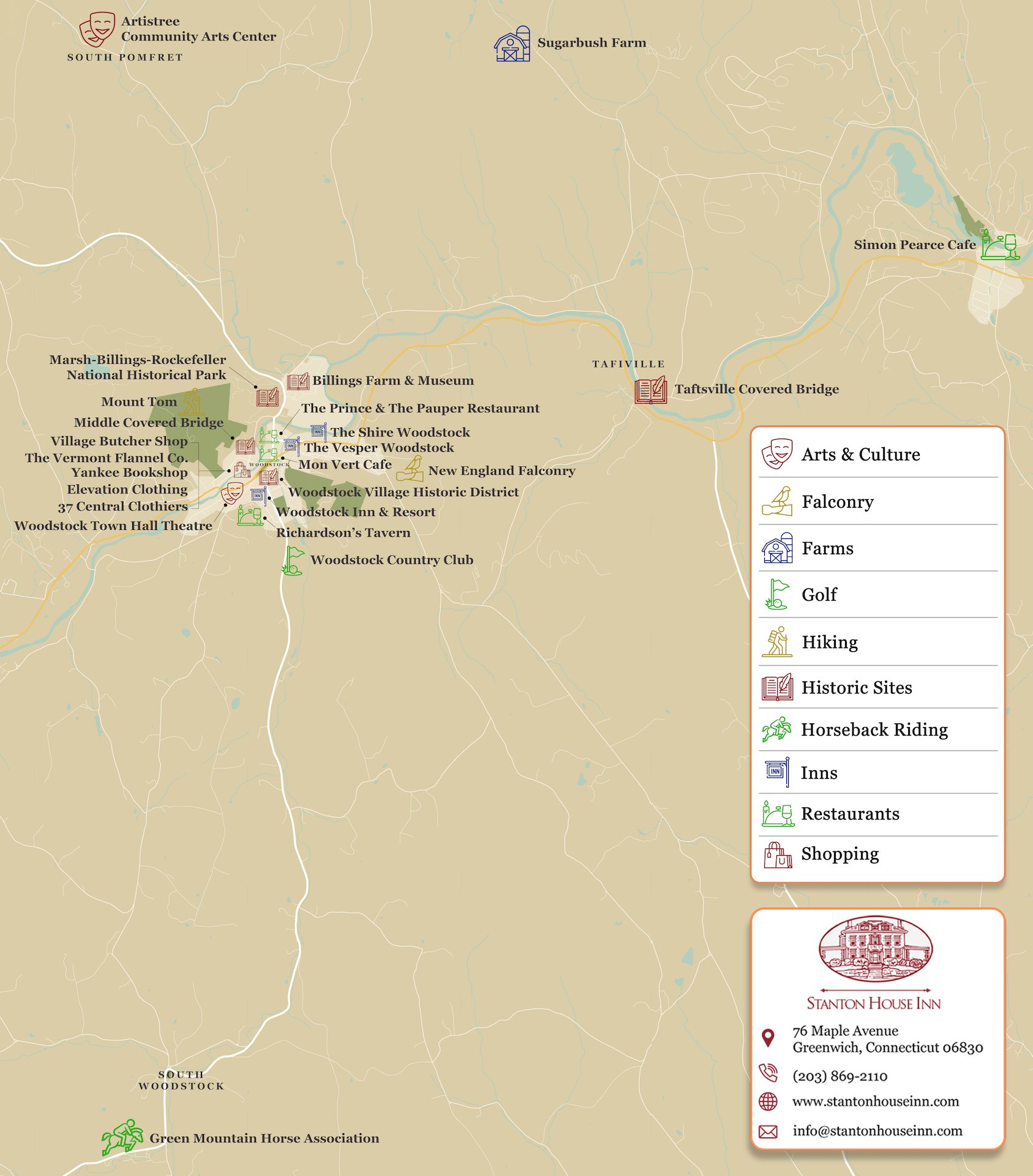 Map of attractions, activities, and things to do Woodstock, VT