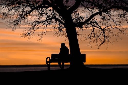Man taking a break on a bench after exploring hiking trails in March in New England