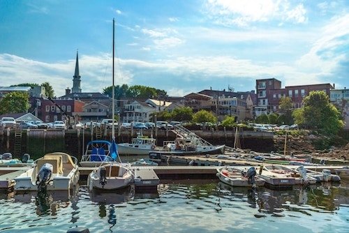 Historic houses near the harbor in Camden, Maine