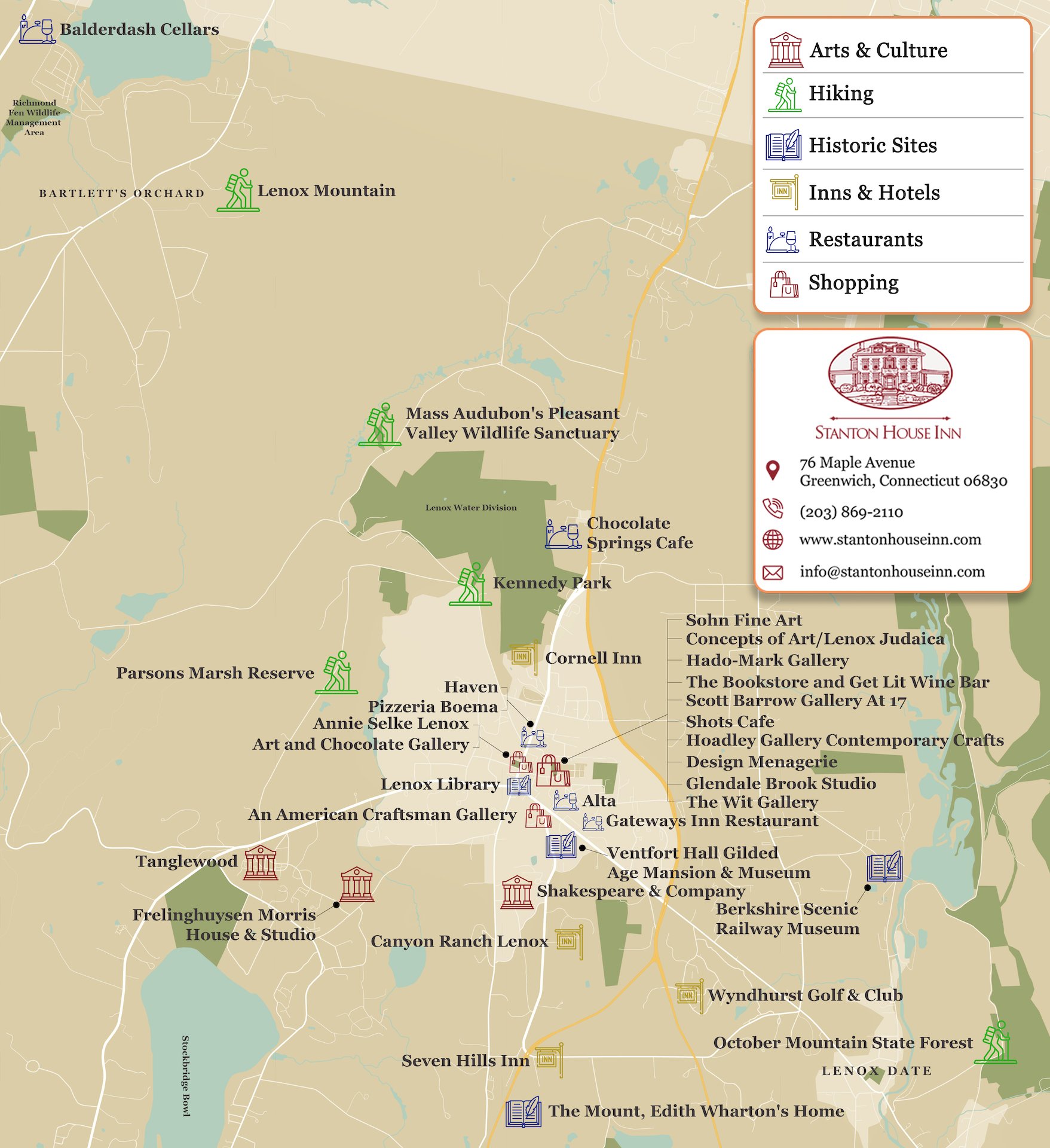 Map of attractions, activities, and things to do in Lenox, MA