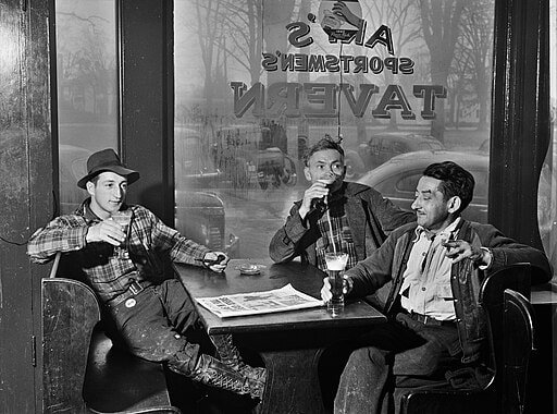 Three men enjoying a beer at Art's Sportsmen's Tavern in Colchester, CT, in 1940