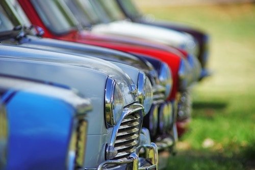 Vintage cars lined up for perusal from sunrise to sunset at Roger Sherman Baldwin Park
