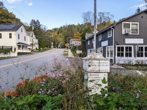 West Cornwall, facing away from the West Cornwall Covered Bridge and up into the hills of rural Litchfield County