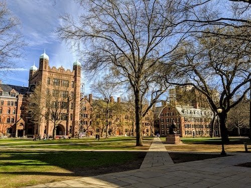 Yale University campus in the spring, around the corner