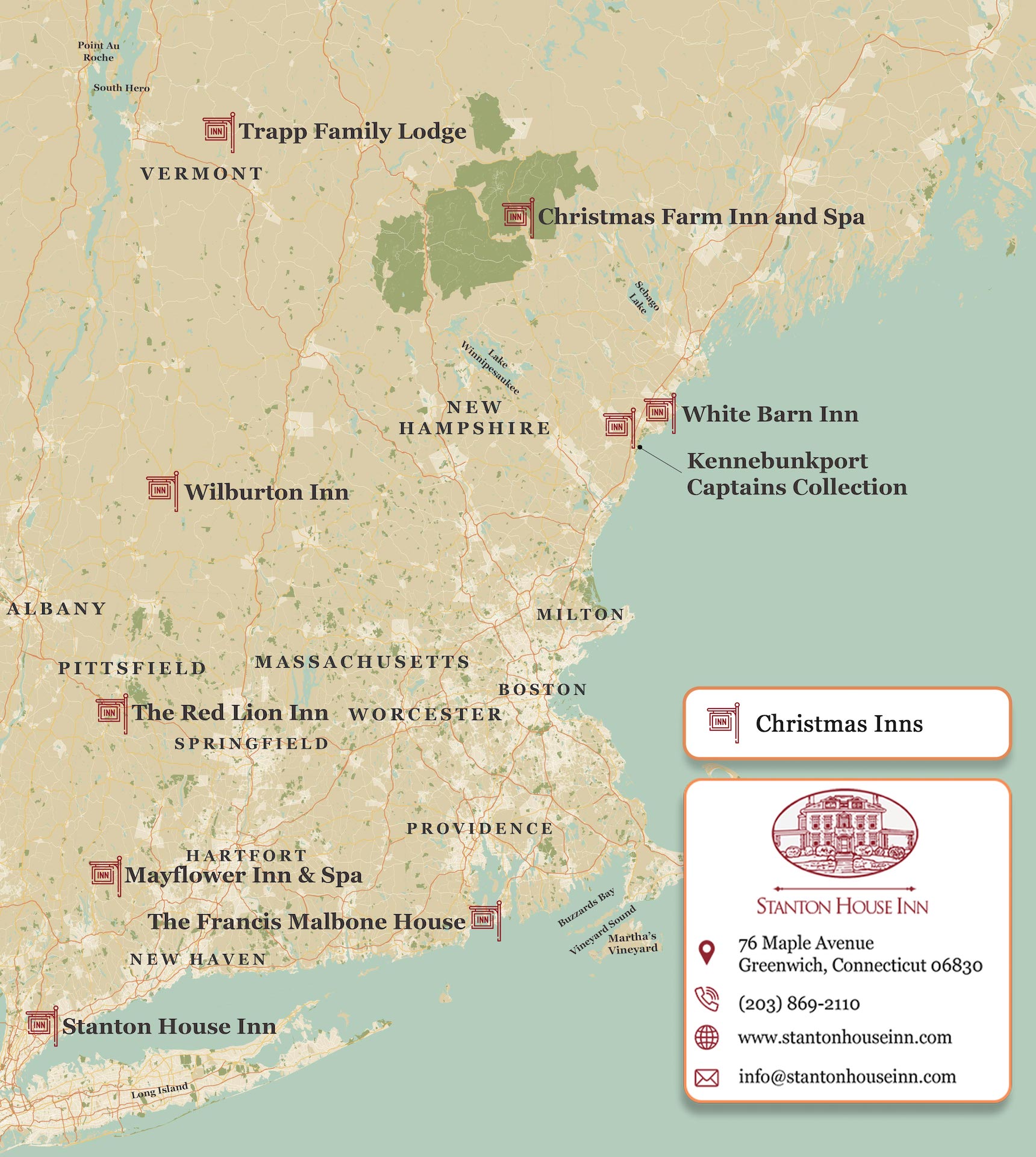 Map of the best Christmas inns and Christmas getaways in New England