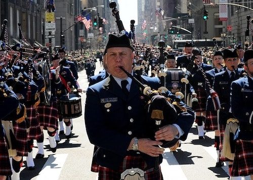 Bagpipe players marching down New York City to celebrate Irish heritage on Saint Patrick's Day