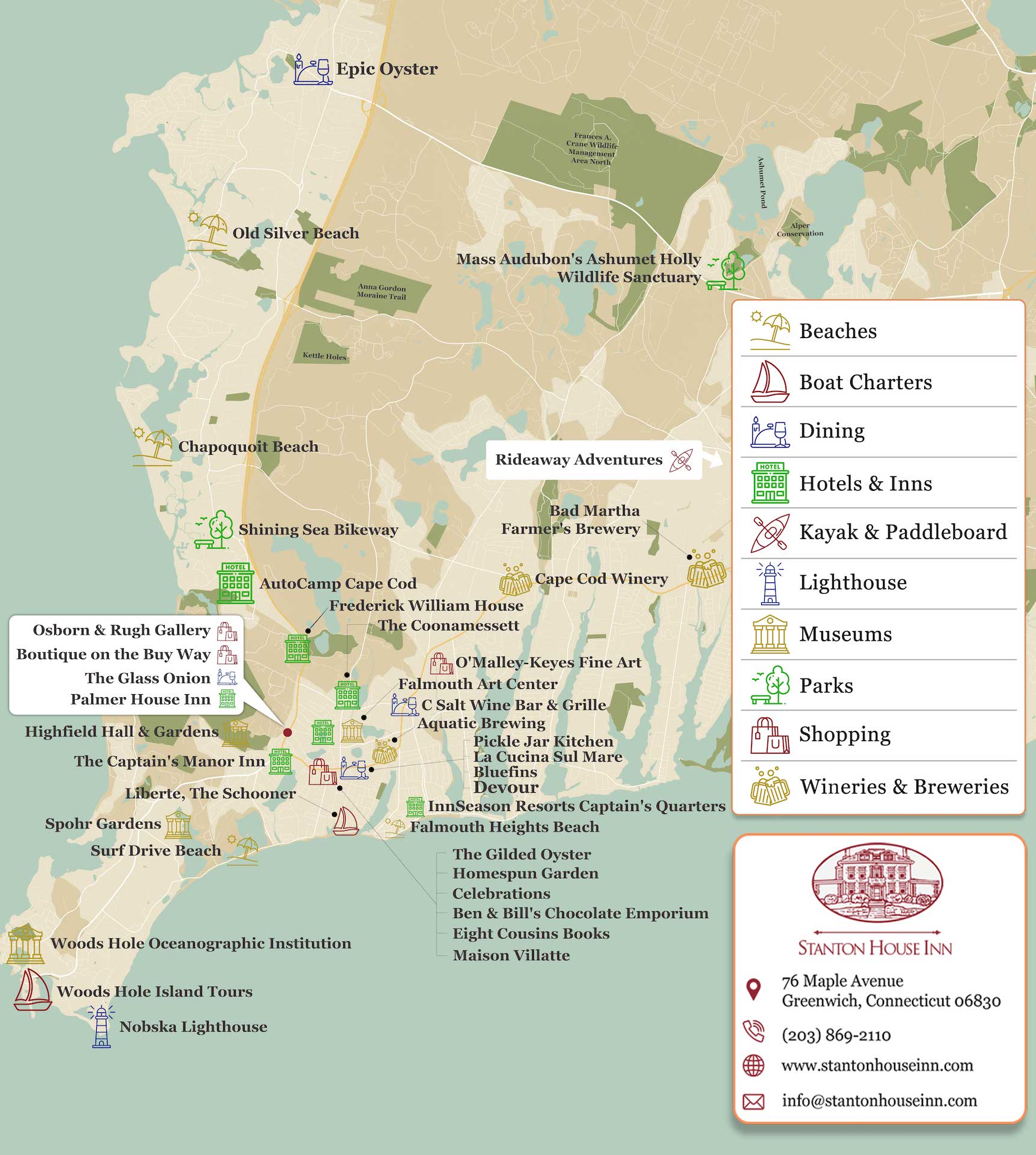 Map of attractions, activities, and things to do in Falmouth, MA, in our Falmouth, Massachusetts, visitor's guide