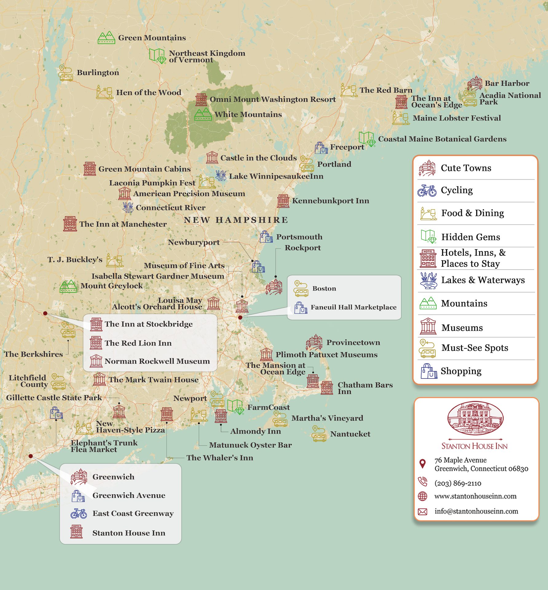 Map of attractions, activities, and things to do in New England, all featured in the New England Visitor's Guide