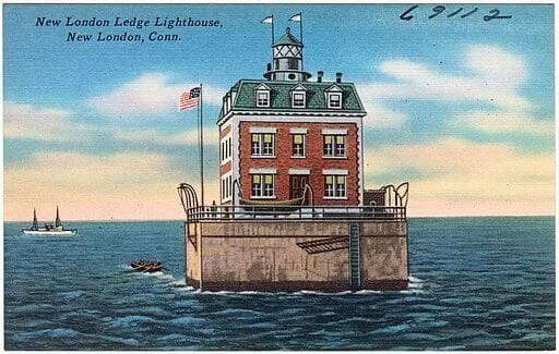 Postcard of an historic lighthouse overlooking the New London harbor