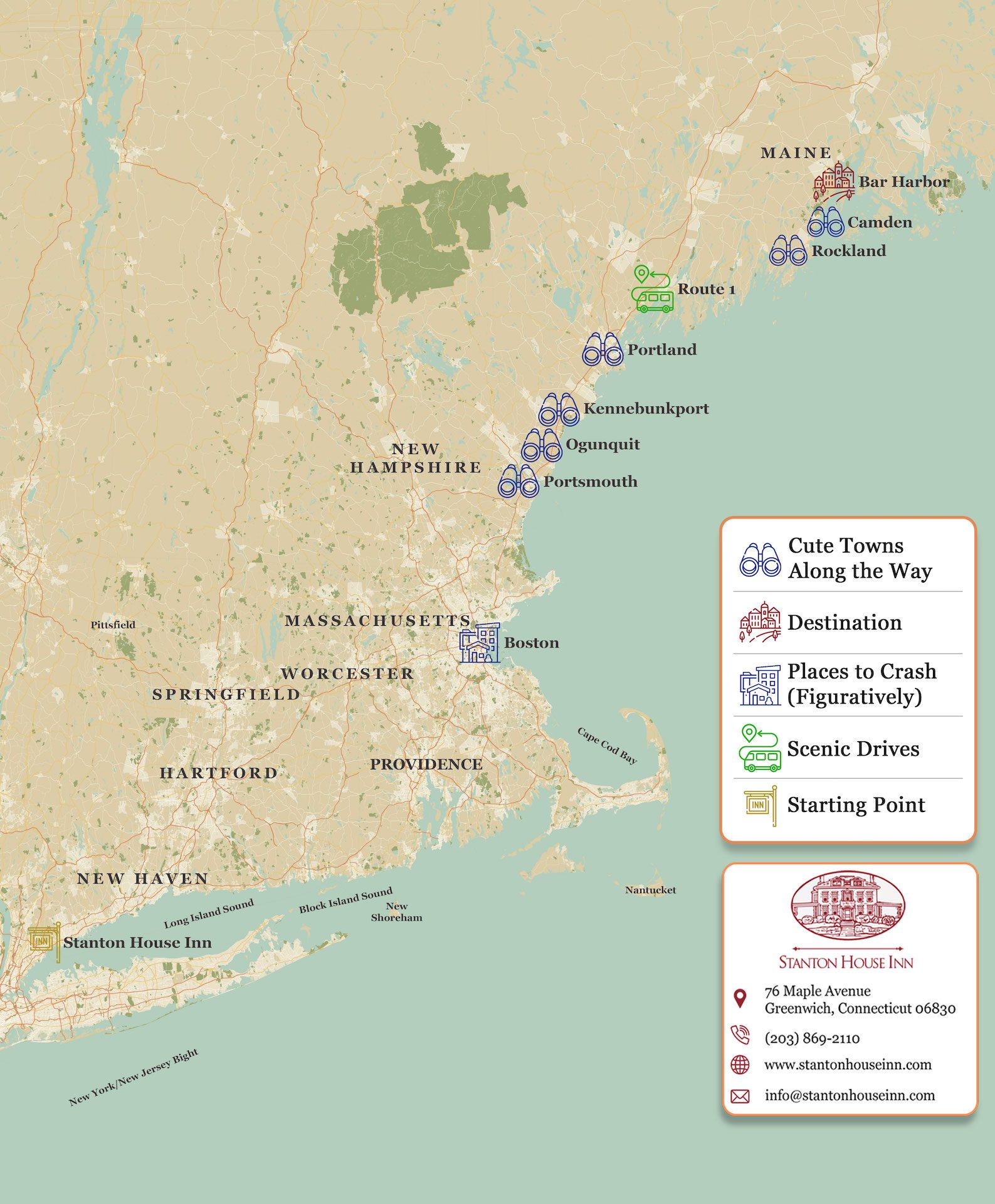 Map of one of the best New England road trips, heading north from Greenwich to the Maine coast, all the way to Bar Harbor, ME