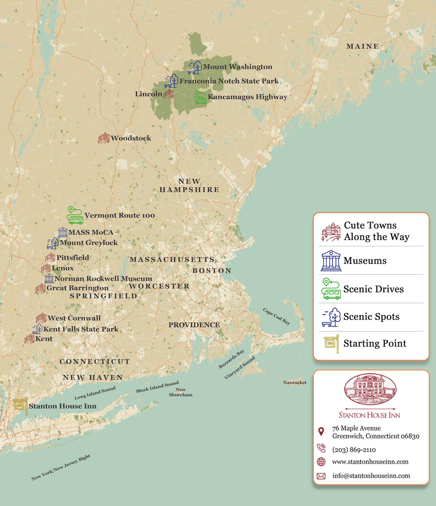 Map of one of the best New England road trips, heading north from Greenwich to the White Mountains of New Hamsphire