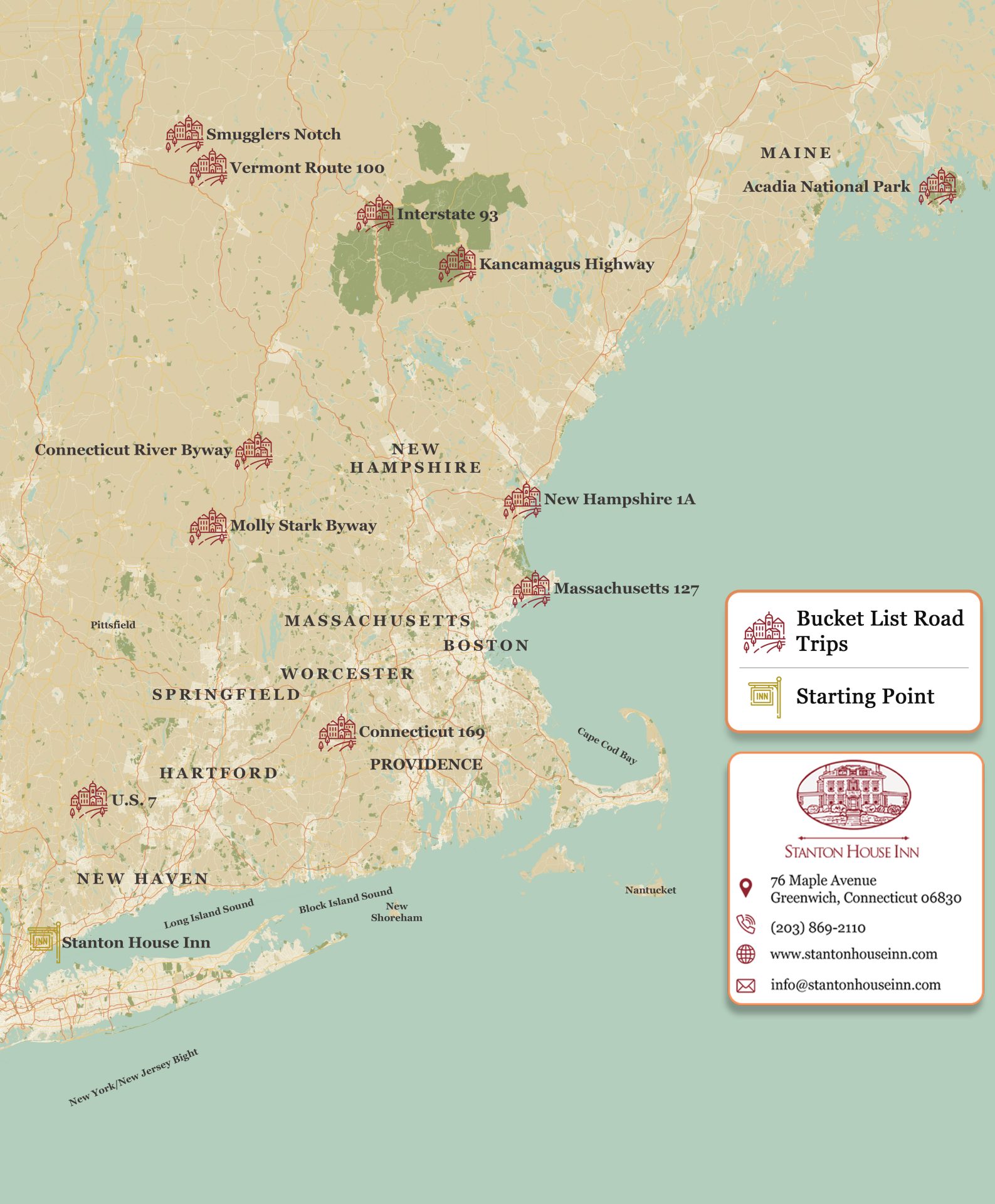 Map of the top bucket-list New England road trips