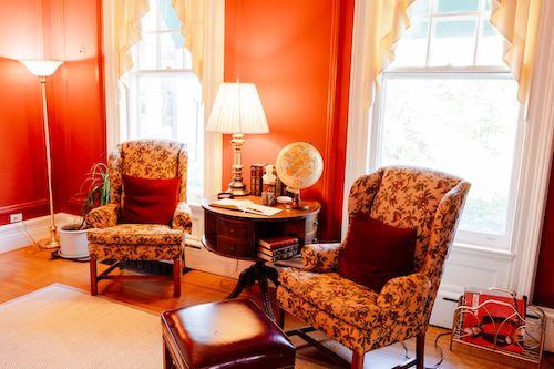 Cozy library at Stanton House Inn, first (or last) stop on your favorite New England road trips
