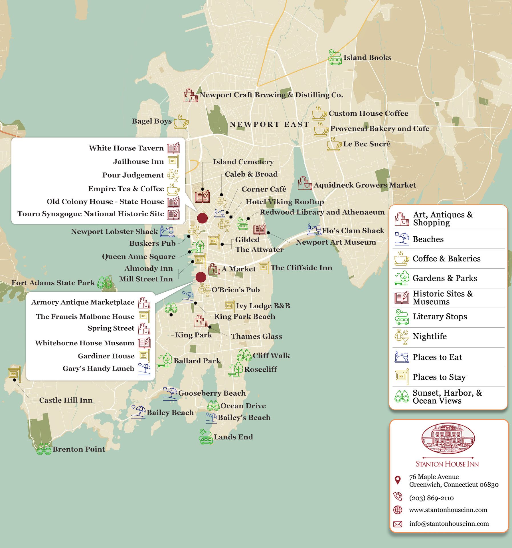Map of attractions, activities, and things to do in Newport RI