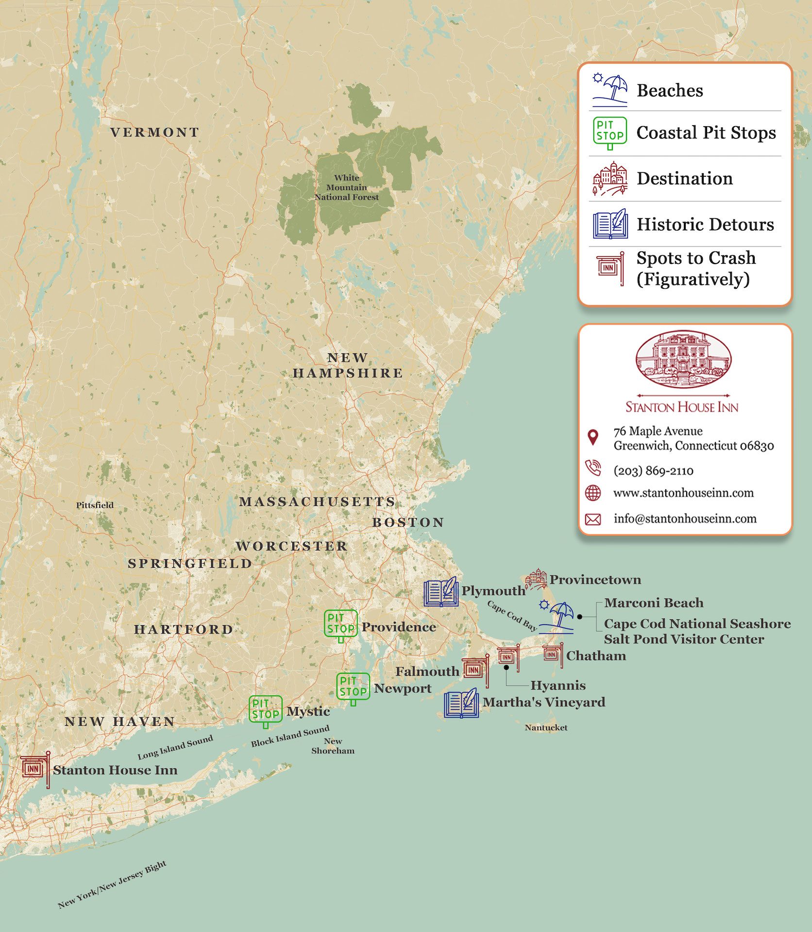 Map of one of the best New England road trips, heading east from Greenwich, Connecticut, along Southern New England to Provincetown, MA, on the tip of Cape Cod