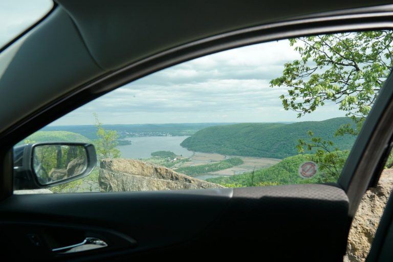 View from the carseat of the Hudson Valley at the top of Bear Mountain State Park