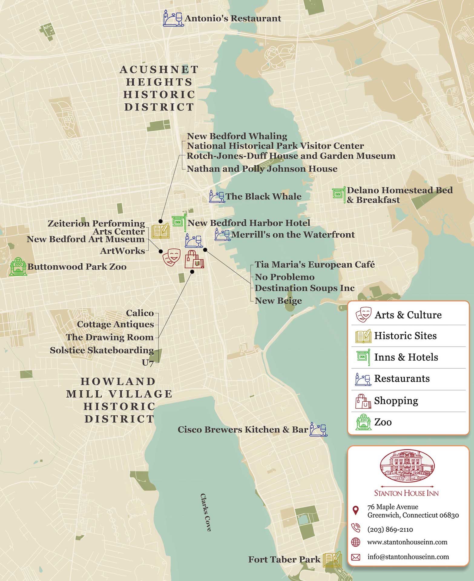 Map of attractions, activities, and things to do in New Bedford MA