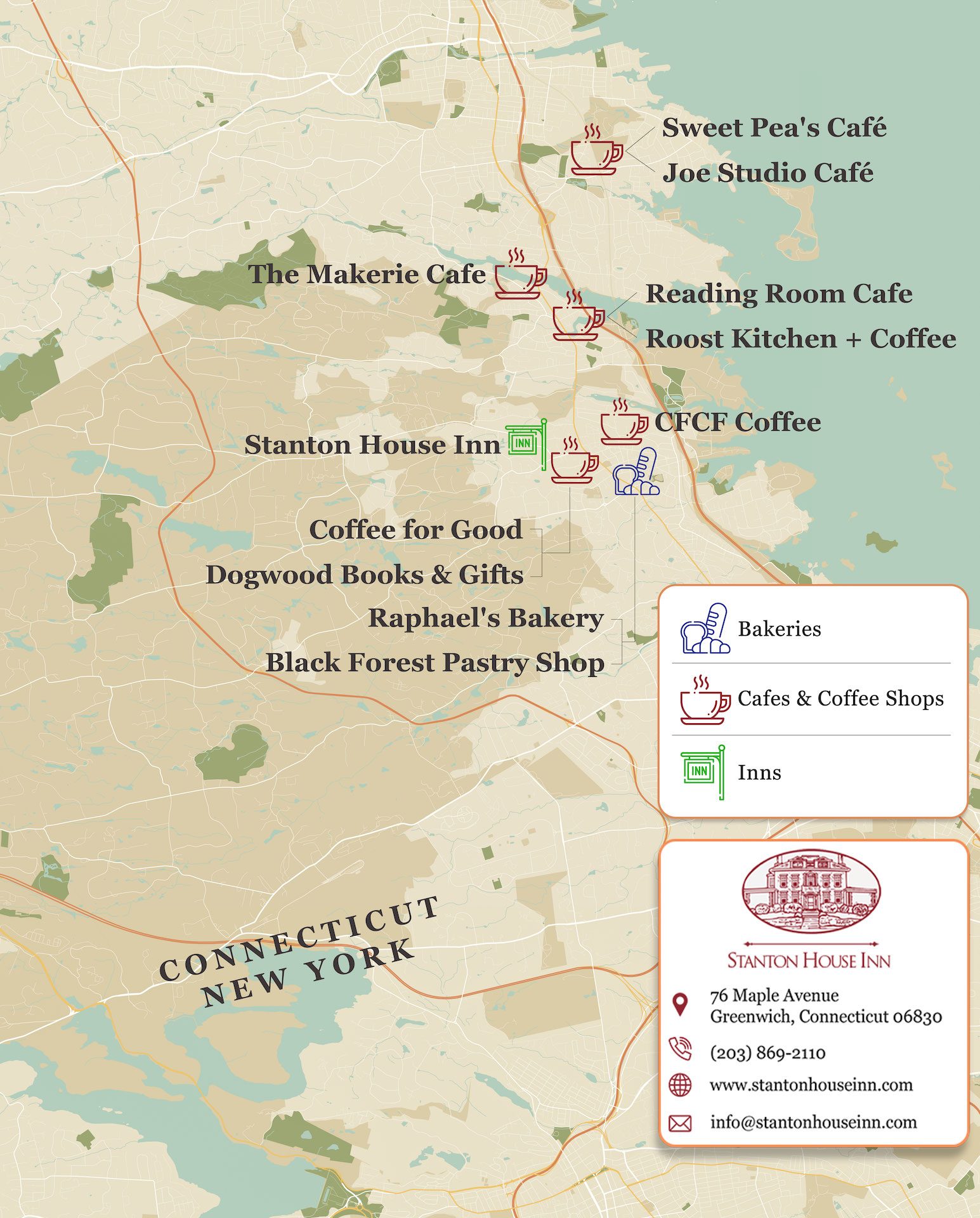 Map of the cutest coffee shops and cafes in Greenwich CT