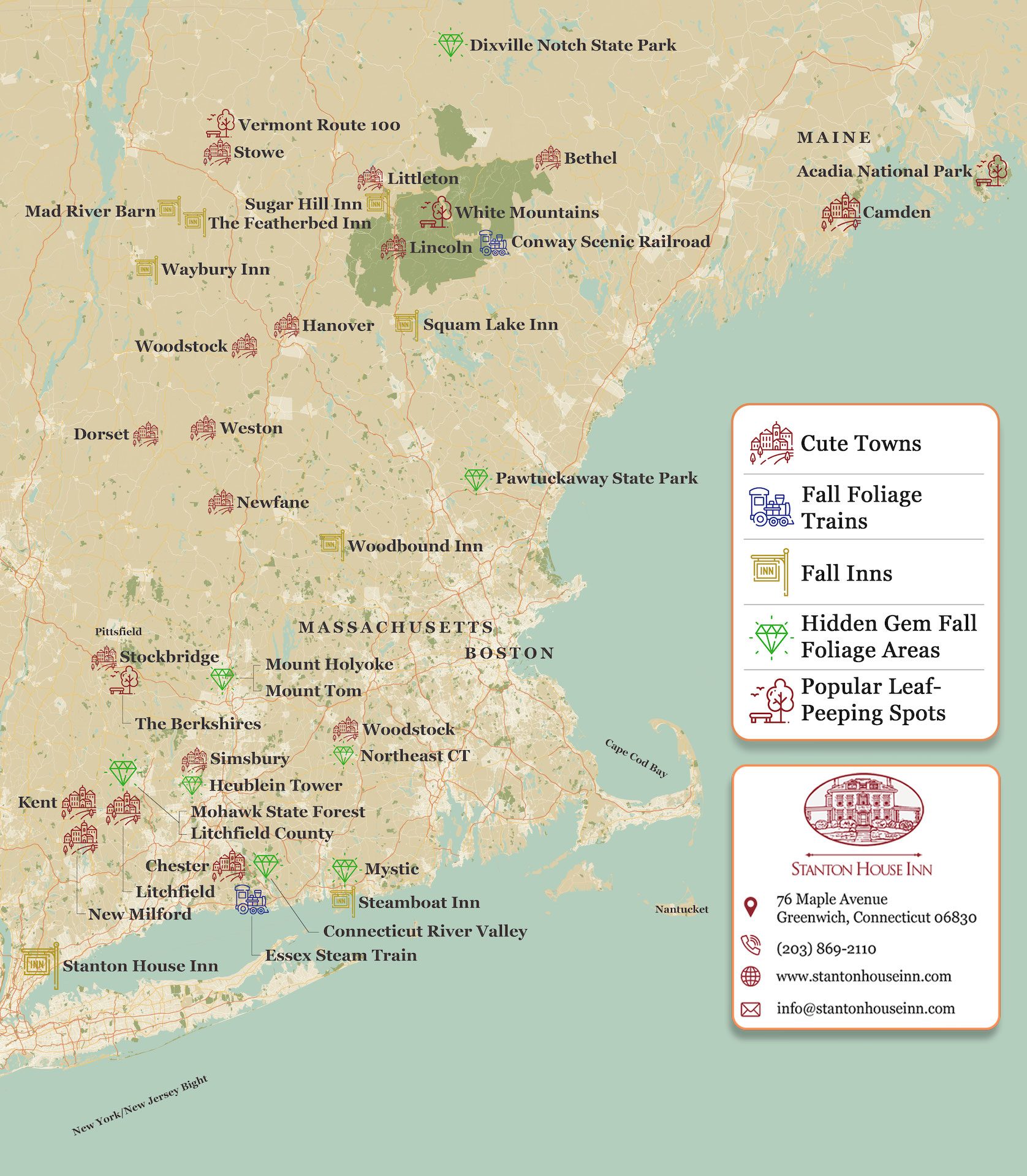 Map of scenic drives, attractions, activities, and things to do to enjoy the best of fall foliage in New England