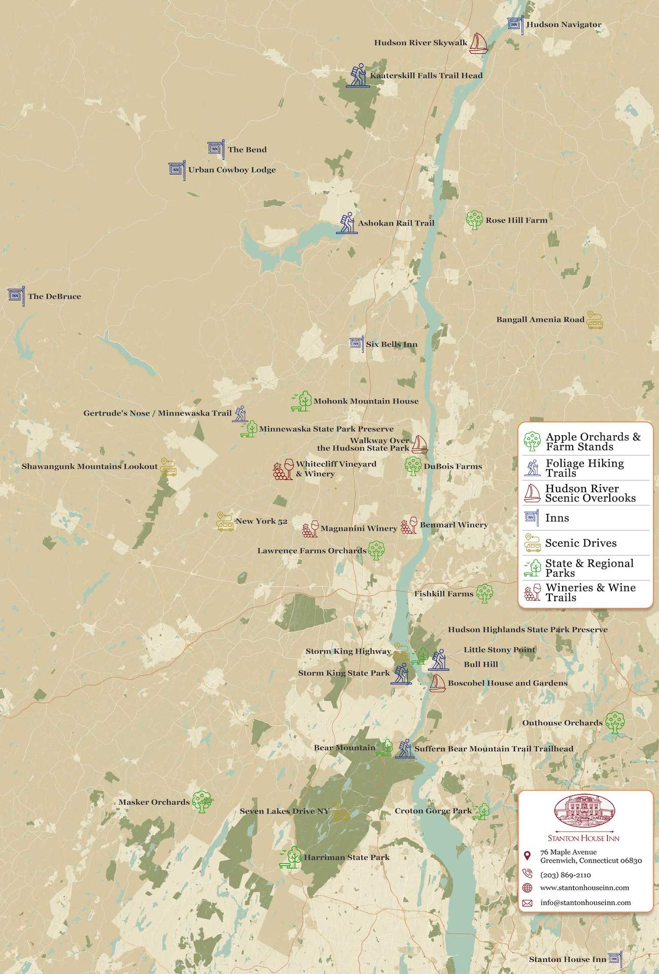 Map of scenic drives, attractions, activities, and things to do to enjoy the best of Hudson Valley fall foliage