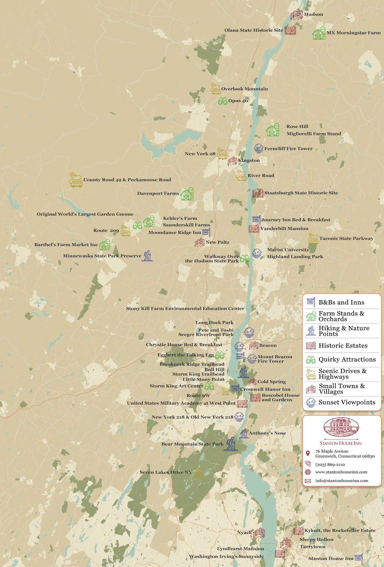 Map of the top bucket-list Hudson Valley scenic drives; plus inns, farm stands, apple orchards, scenic views, and more